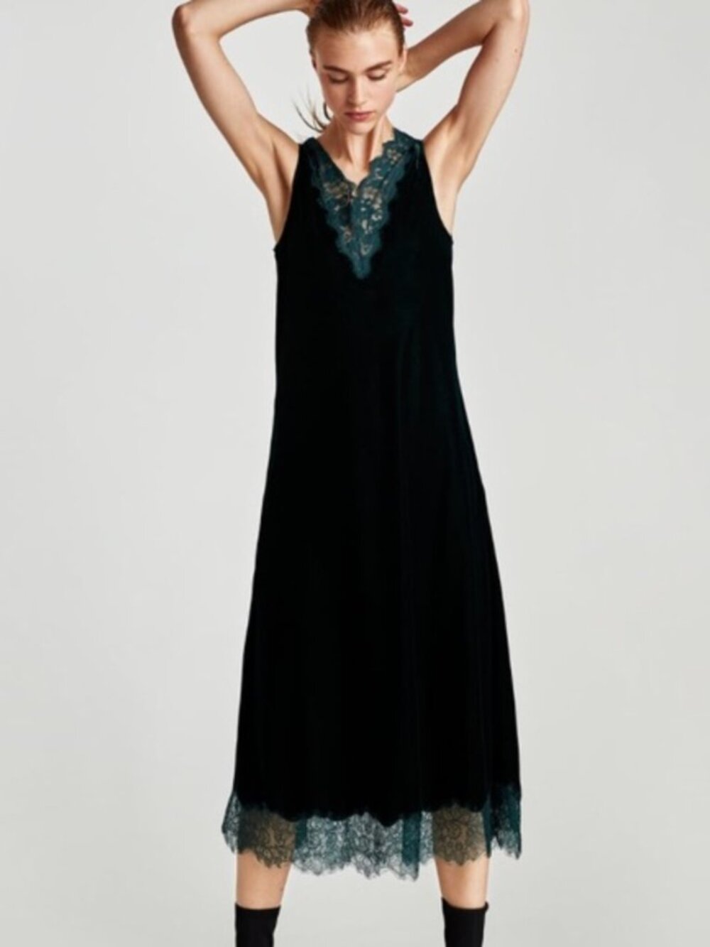 EUC Zara Dark Green Velvet Lace Slip Evening Dress V-Neck Midi Medium